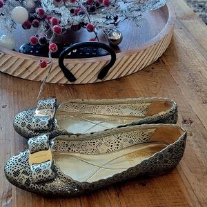 Salvatore Ferragamo Gold and Silver Flats with Bow